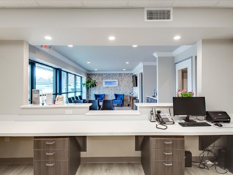 View of waiting room from reception desk